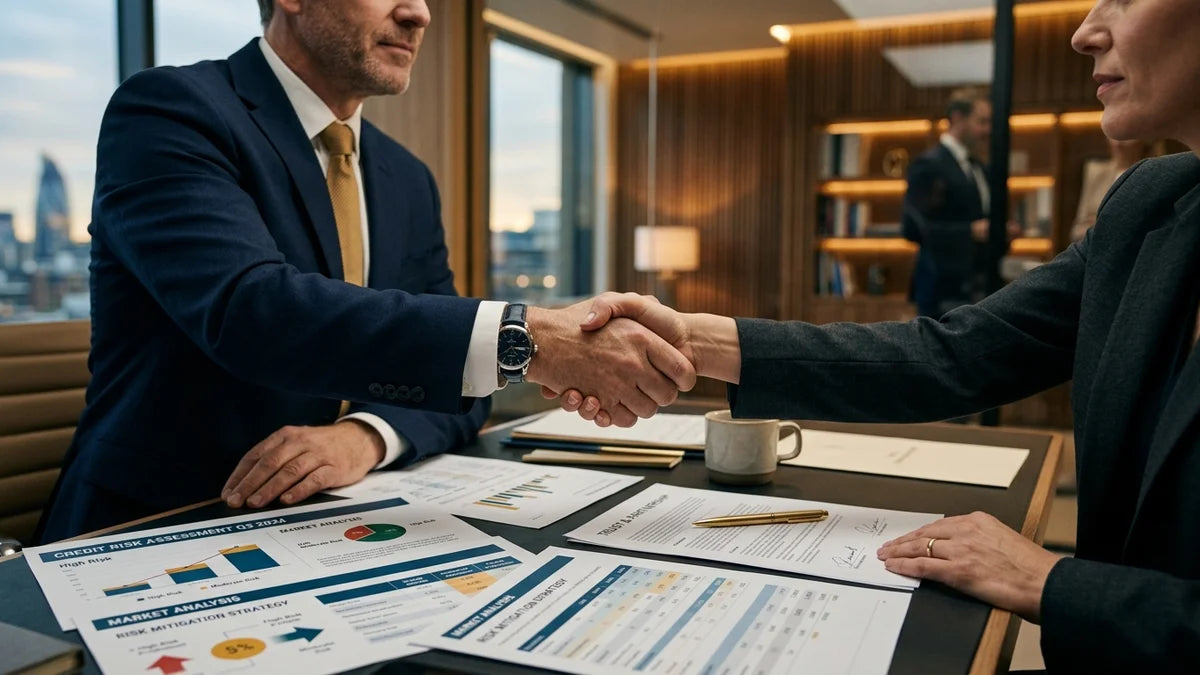 Poignée de main sur documents financiers et graphiques d'évaluation du risque de crédit B2B