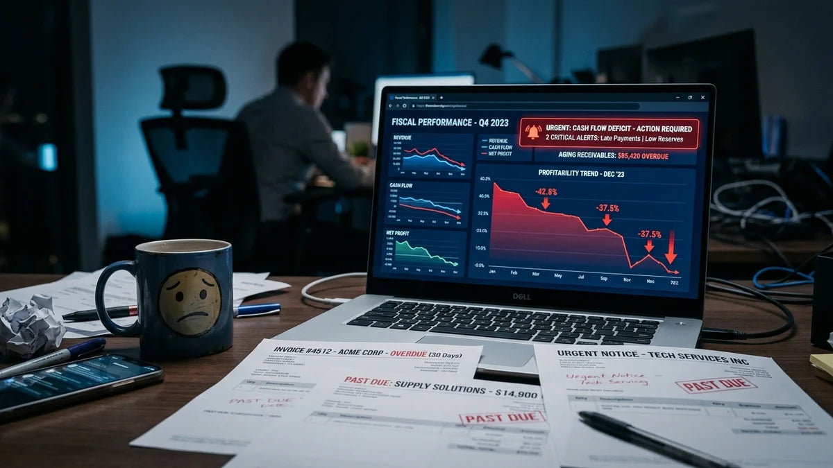 Graphiques financiers déclinants et factures impayées sur écran d'ordinateur illustrant les risques de créances douteuses B2B