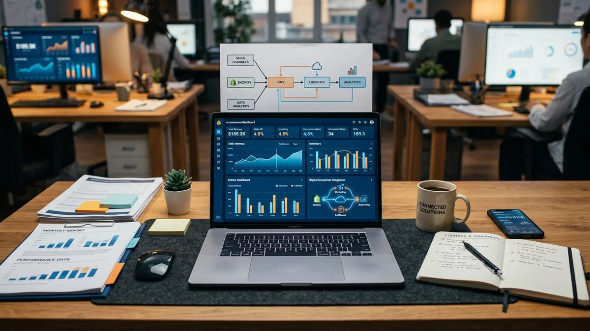 Dashboard e-commerce avec intégration ERP Cegid Shopify sur laptop, documents et graphiques de synchronisation