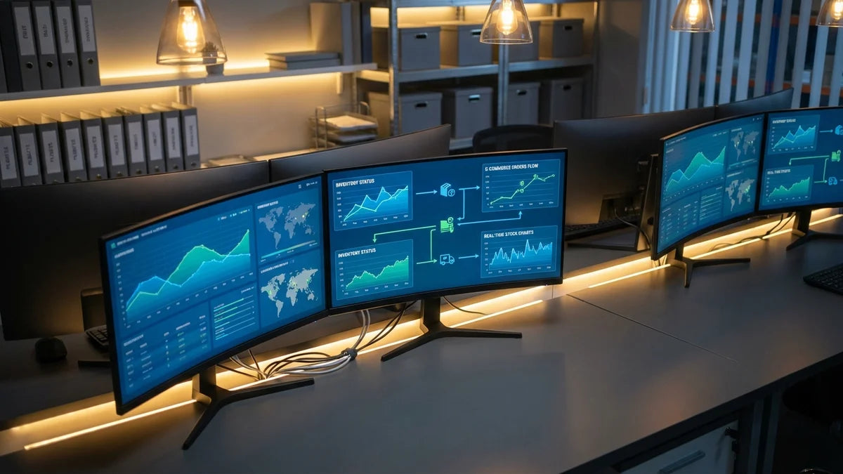 Écrans d'inventaire en temps réel intégrés pour gestion omnicanale e-commerce en entrepôt moderne