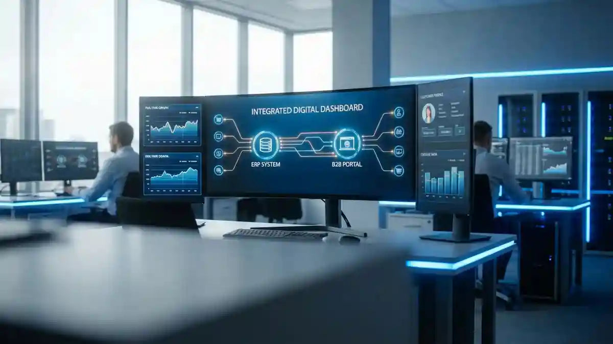 Tableau de bord ERP et portail B2B synchronisés affichant flux de commandes et données clients en temps réel