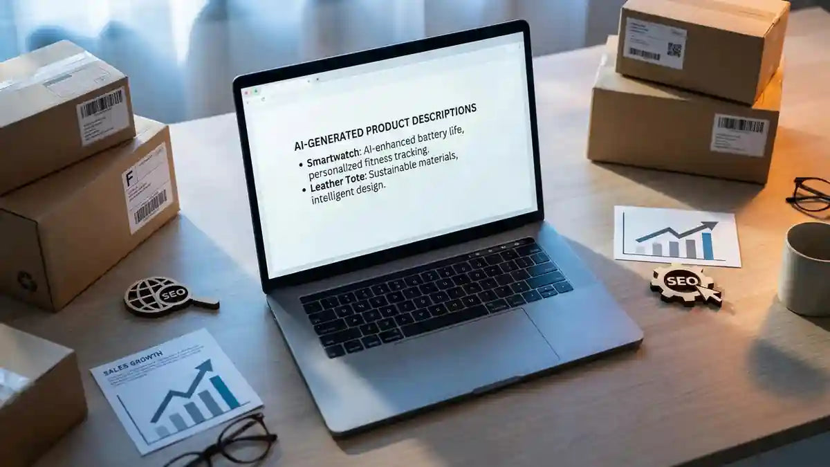 Laptop affichant descriptions produits IA pour e-commerce avec graphiques SEO et boîtes de livraison