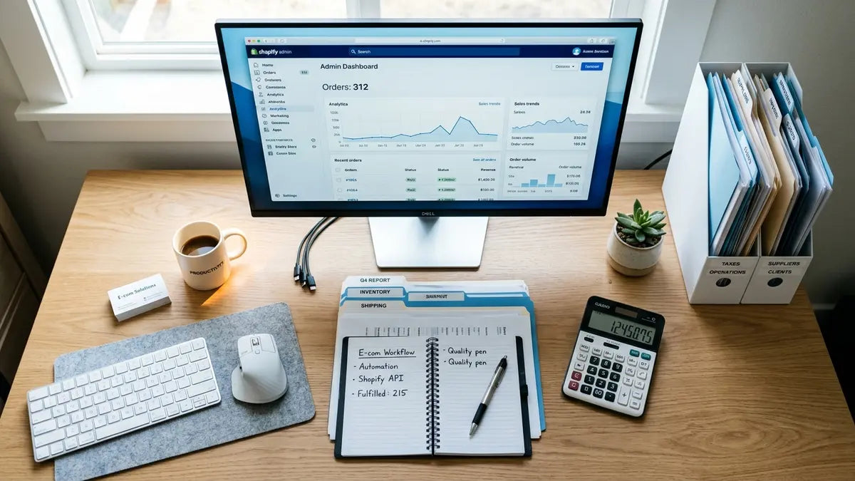 Automatisation commandes Shopify Cegid : bureau productif avec tableaux de bord d'ordres