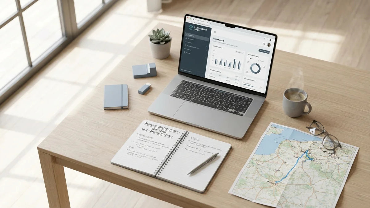 Espace de travail e-commerce moderne à Lille avec ordinateur, stratégie commerciale et carte régionale