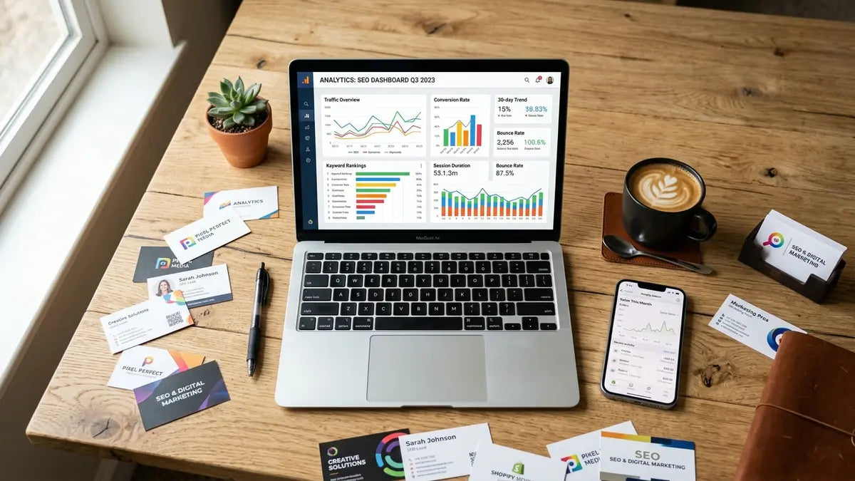 Tableau de bord analytics SEO Shopify avec graphiques colorés sur laptop en espace de travail digital marketing