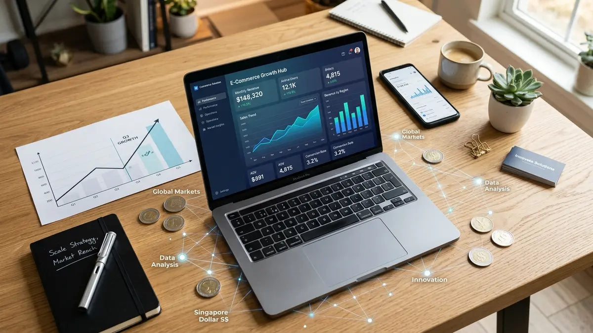 Dashboard e-commerce Shopify avec graphiques de croissance et symboles internationaux, innovations plateforme