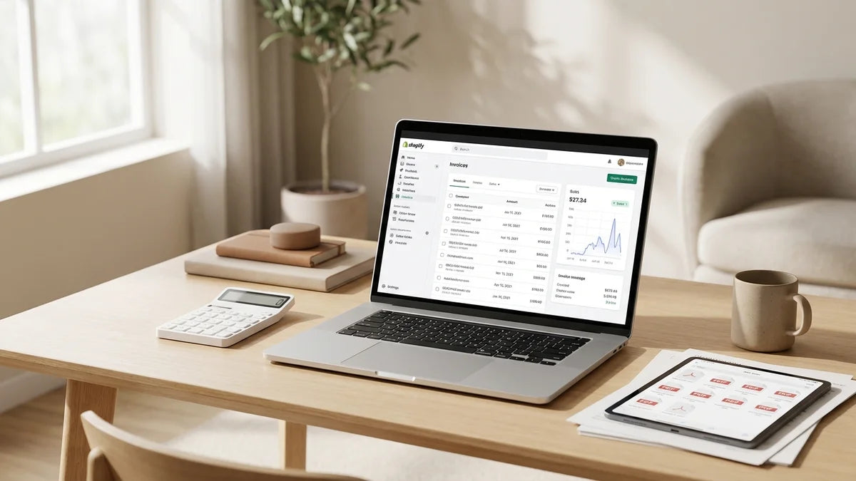 Tableau de bord Shopify avec logiciel de facturation sur un ordinateur portable au bureau