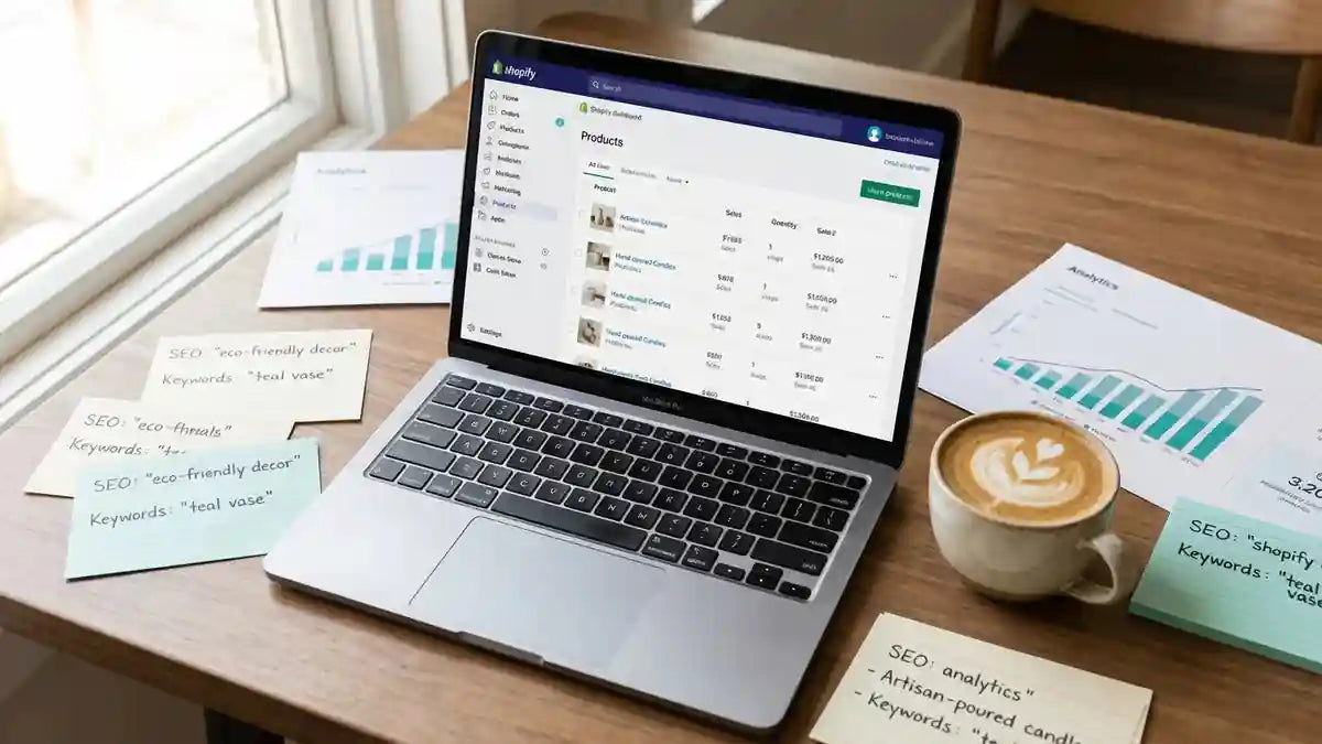 Dashboard Shopify avec fiches produits et notes de recherche de mots-clés pour optimisation SEO