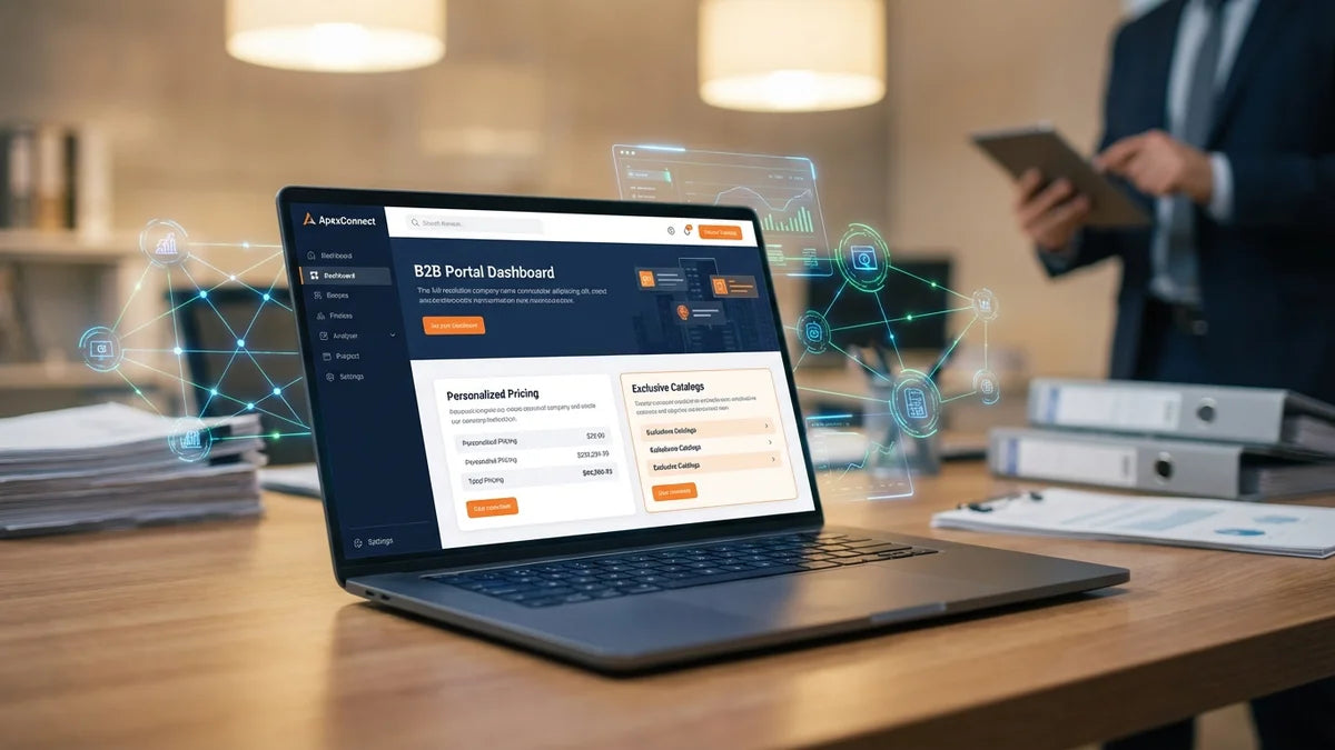 Portail B2B affichant un tableau de bord personnalisé avec catalogues produits et tarifs sur écran laptop