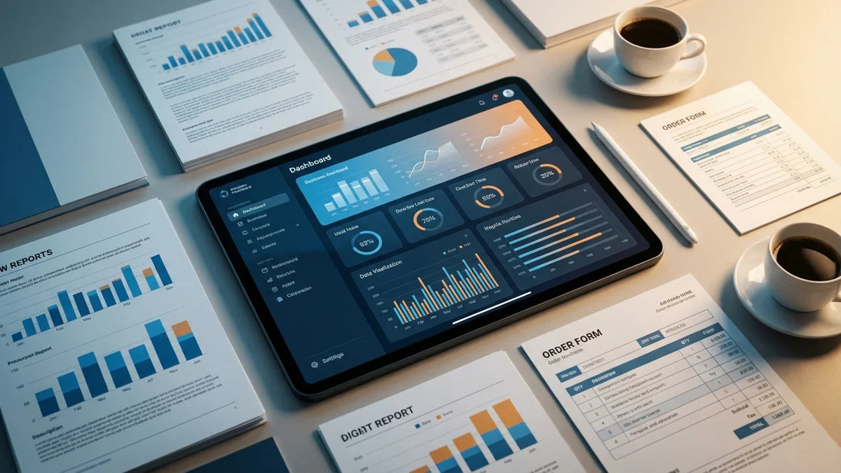 Tableau de bord portail client B2B affichant l'automatisation des commandes récurrentes sur tablette