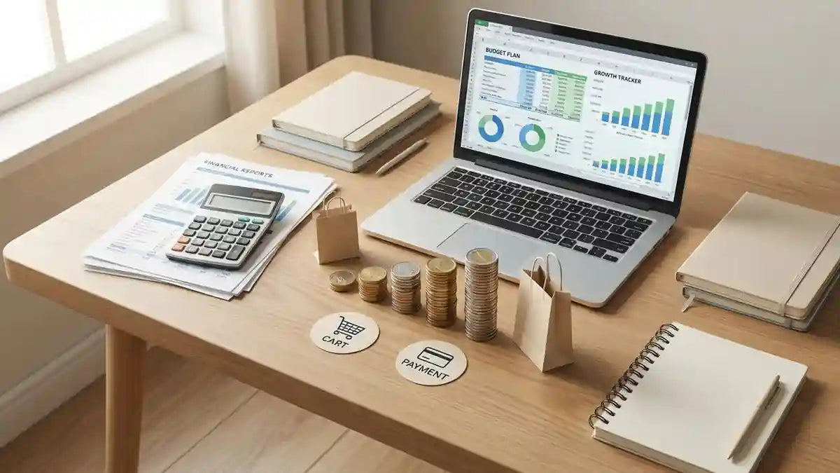 Espace de travail avec budget planning, calculatrice, graphiques financiers et pièces pour ouvrir boutique en ligne