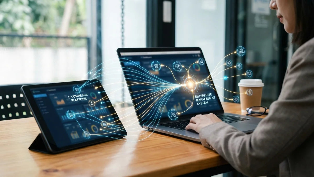 Synchronisation données ERP Shopify avec nœuds connexion numérique et flux données bleues or