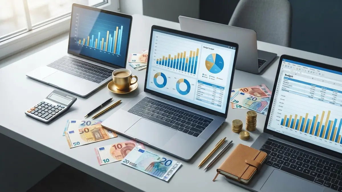 Ordinateur portable affichant graphiques de prix et budgets pour site e-commerce 2025