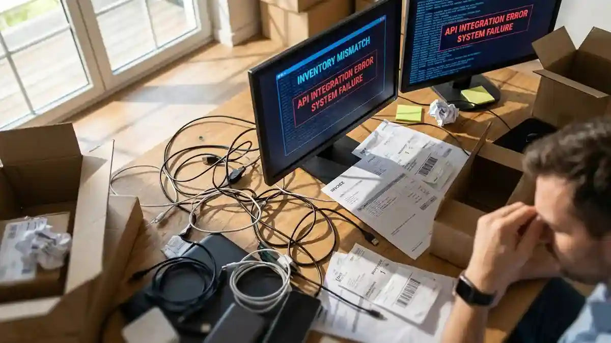 Workspace e-commerce en désordre avec erreurs d'intégration et câbles emmêlés illustrant les erreurs à éviter