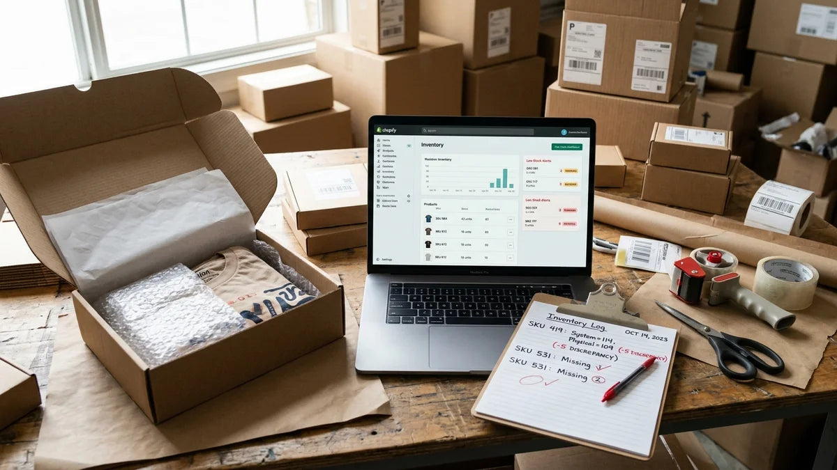 Tableau de bord Shopify avec stocks en temps réel et boîtes d'emballage montrant désynchronisation inventaire