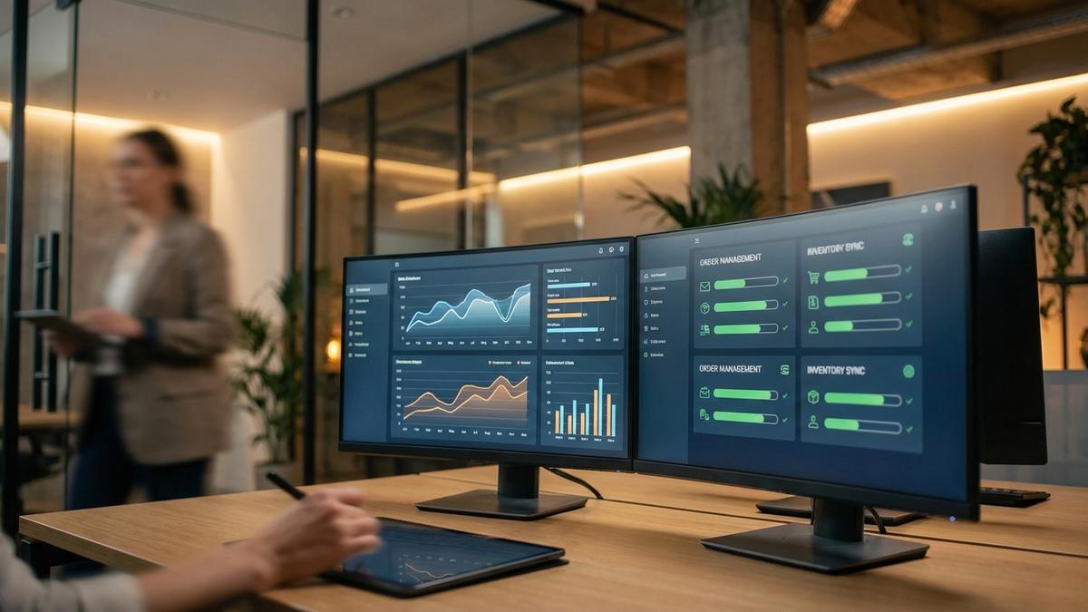 Synchronisation données Sellsy Shopify tableaux bord commandes inventaire écrans doubles