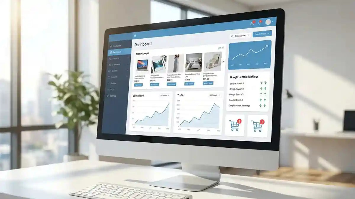 Tableau de bord e-commerce avec pages produits, panier et classements Google pour booster votre boutique en ligne