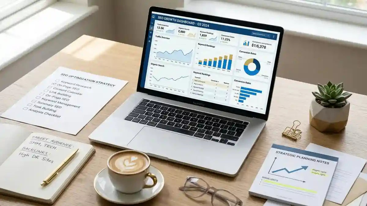 Dashboard analytique SEO Shopify avec checklist d'optimisation et planification stratégique