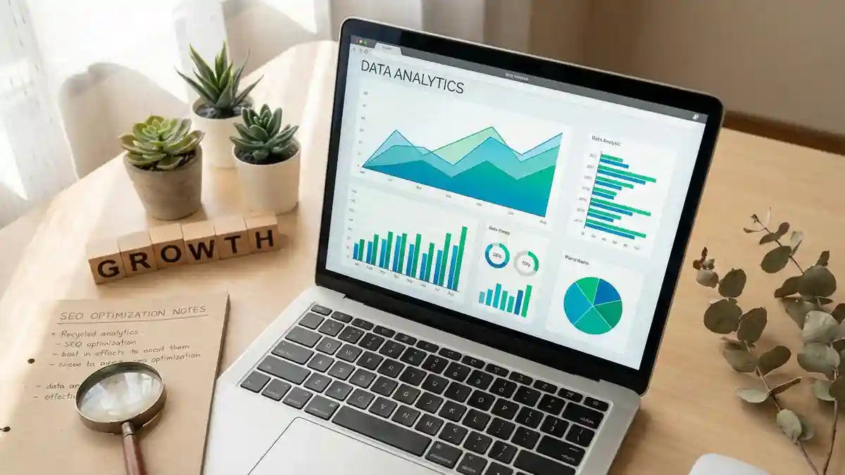 Laptop affichant un tableau de bord analytique avec graphiques croissants pour l'optimisation SEO Shopify