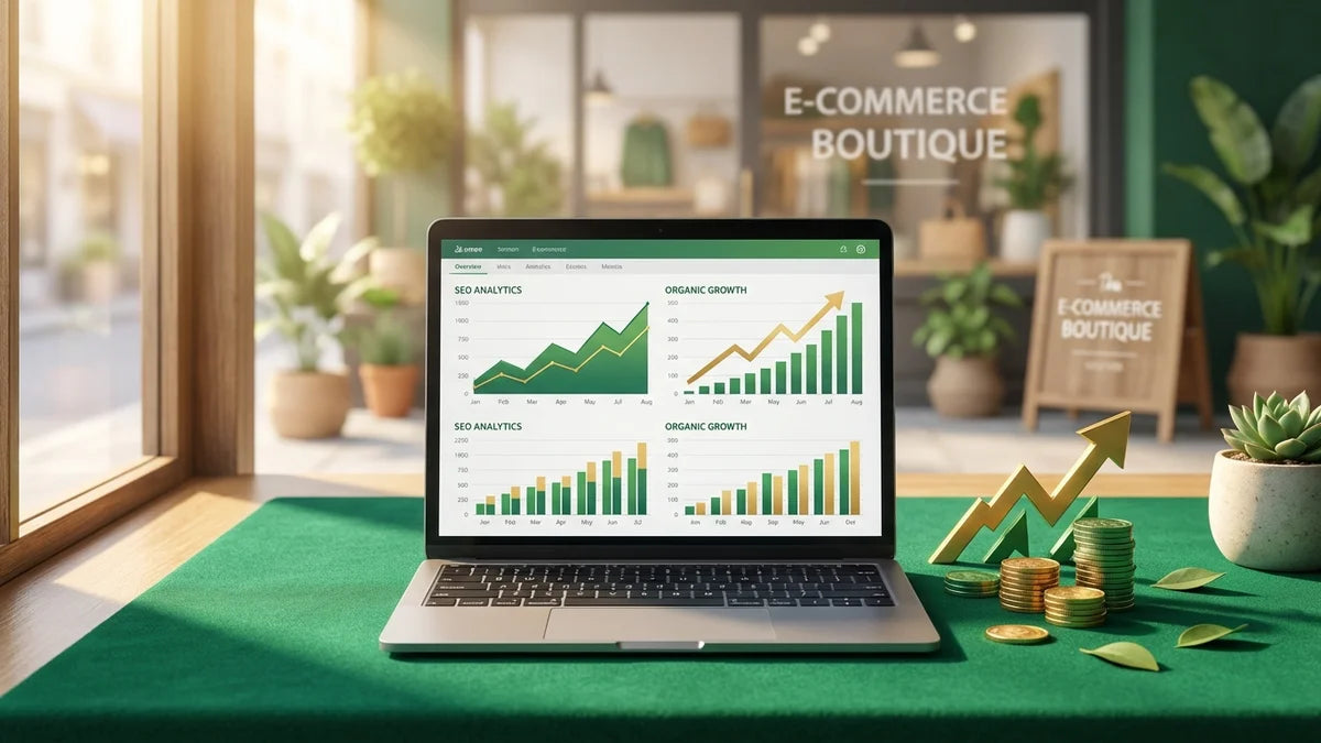 Graphiques SEO ascendants sur laptop avec symboles de croissance organique et investissement digital pour Shopify