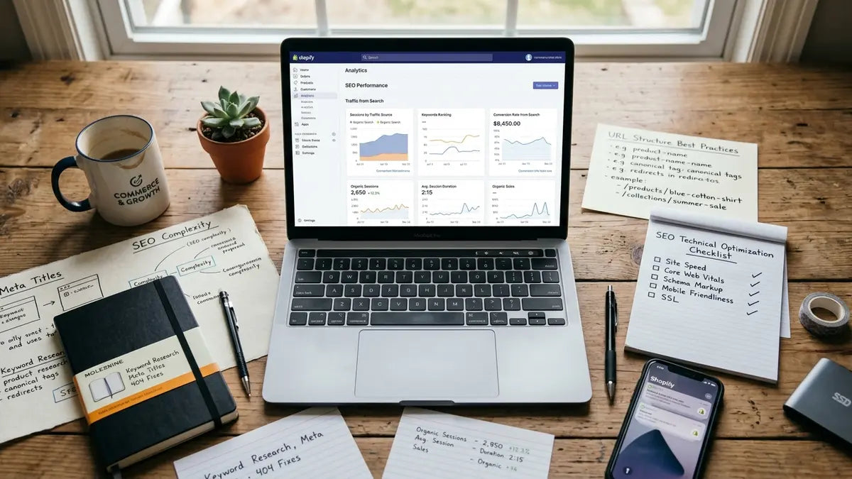 Dashboard Shopify avec analytics SEO et notes d'optimisation technique pour stratégie e-commerce
