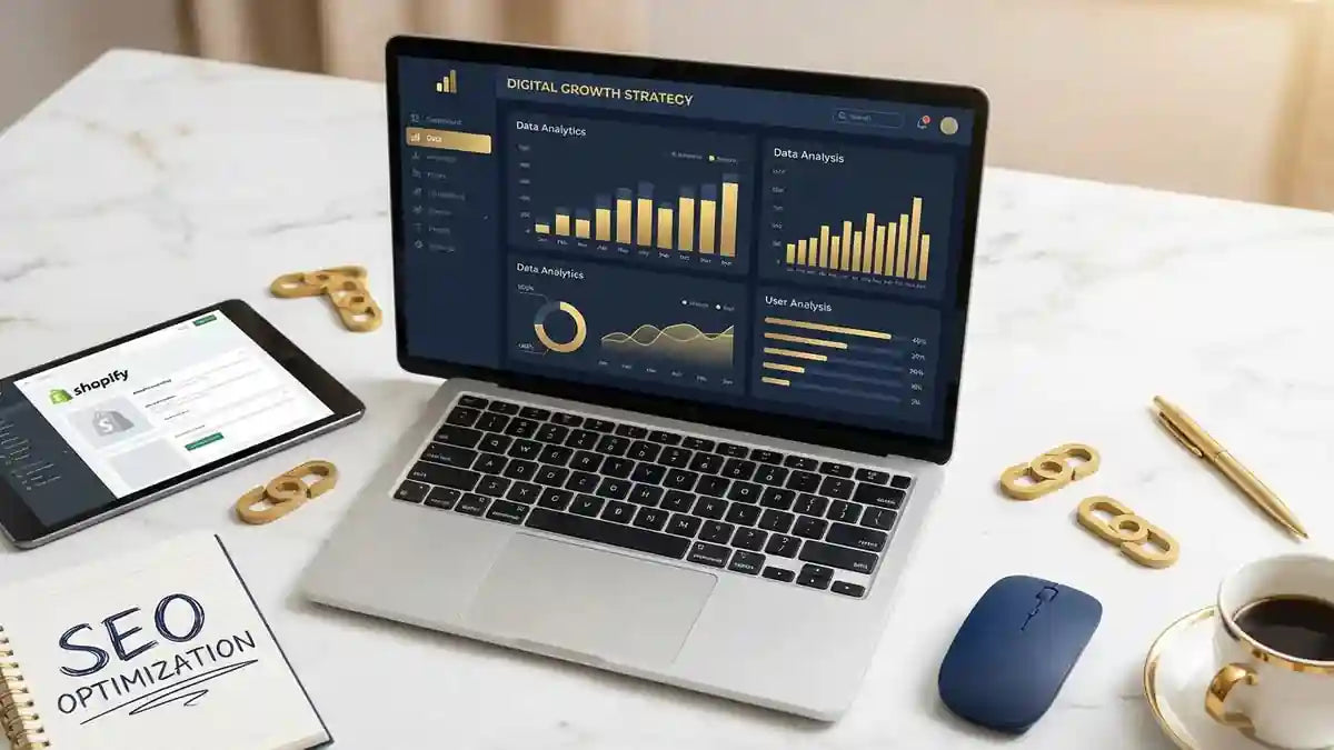 Dashboard analytique Shopify avec outils SEO et graphiques de croissance digital