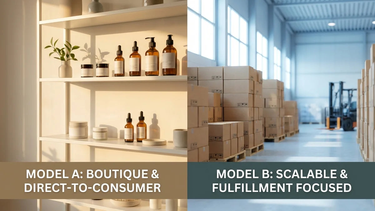 Comparaison visuelle modèles B2B et D2C : produits en étagère vs entrepôt e-commerce