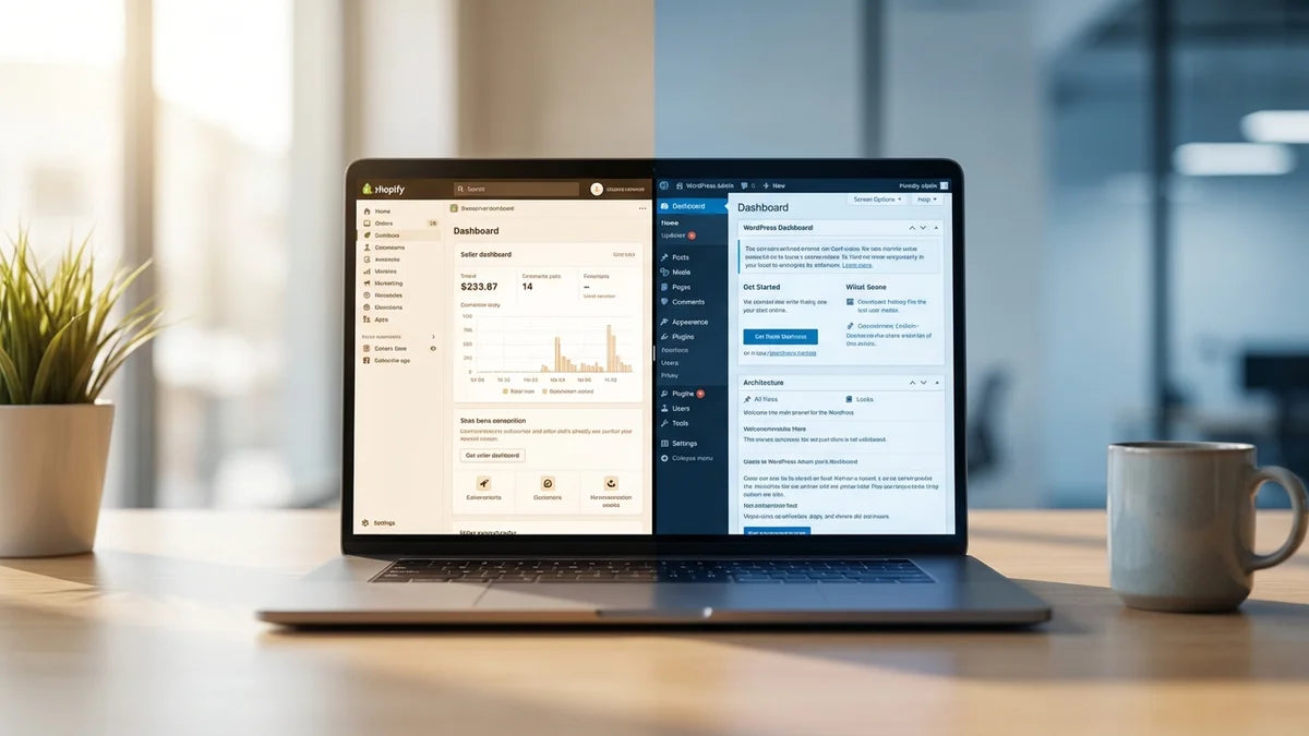 Comparaison Shopify et WooCommerce sur écrans : tableau de bord et interface e-commerce