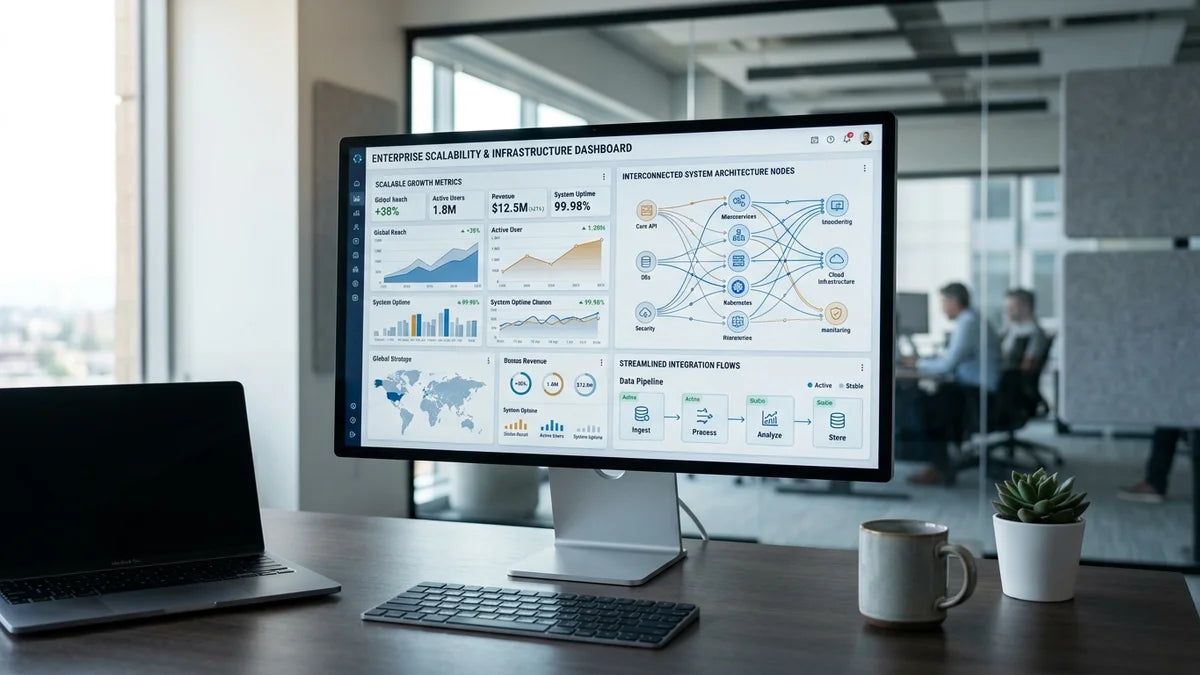 Dashboard Shopify Plus affichant métriques de croissance et architecture système scalable pour entreprises