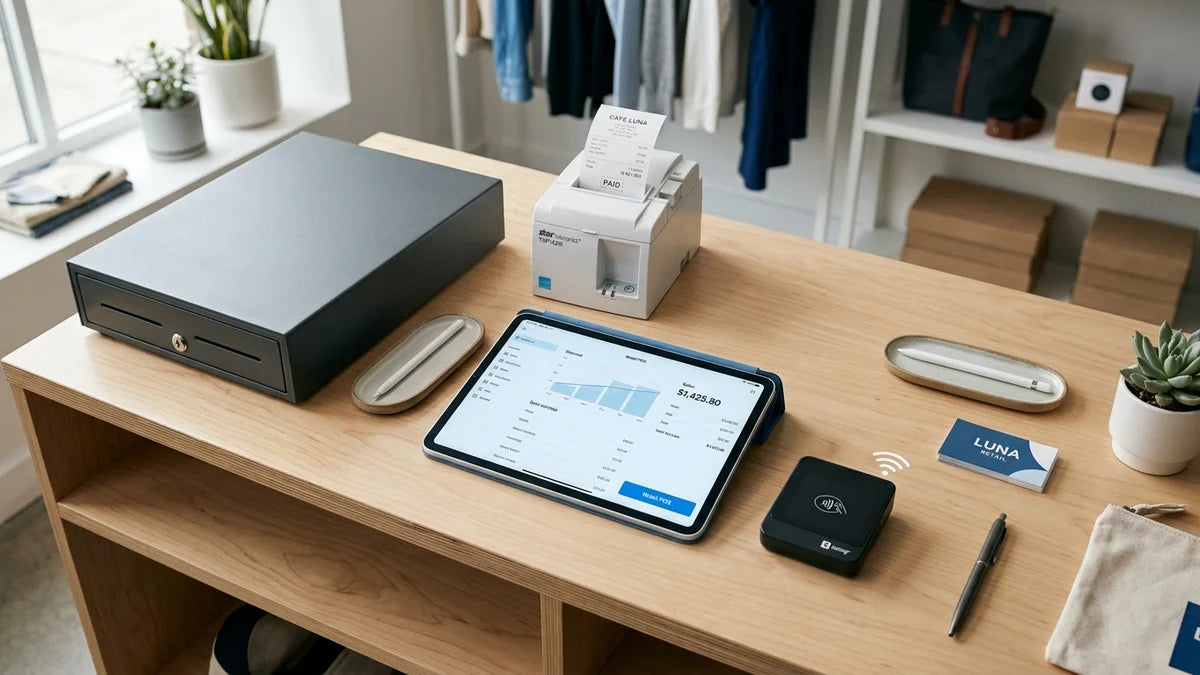 Système Shopify POS professionnel avec tablette, lecteur de carte et imprimante sur comptoir