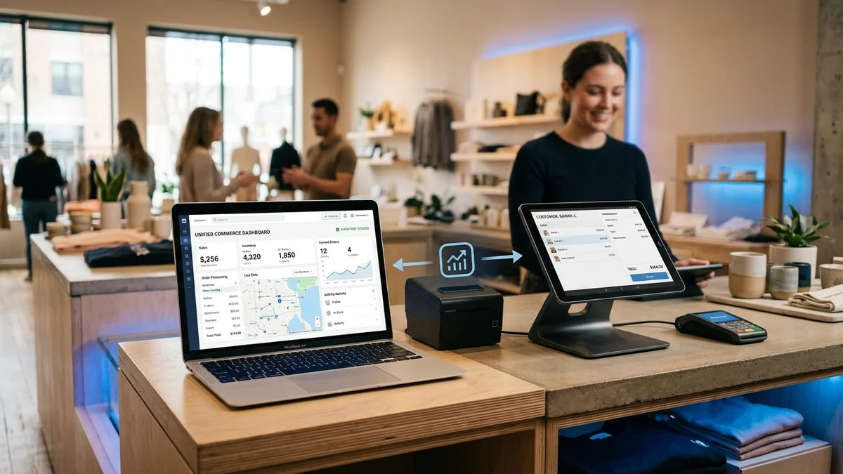 Système Shopify POS unifié sur tablette et laptop avec synchronisation stocks et clients en temps réel