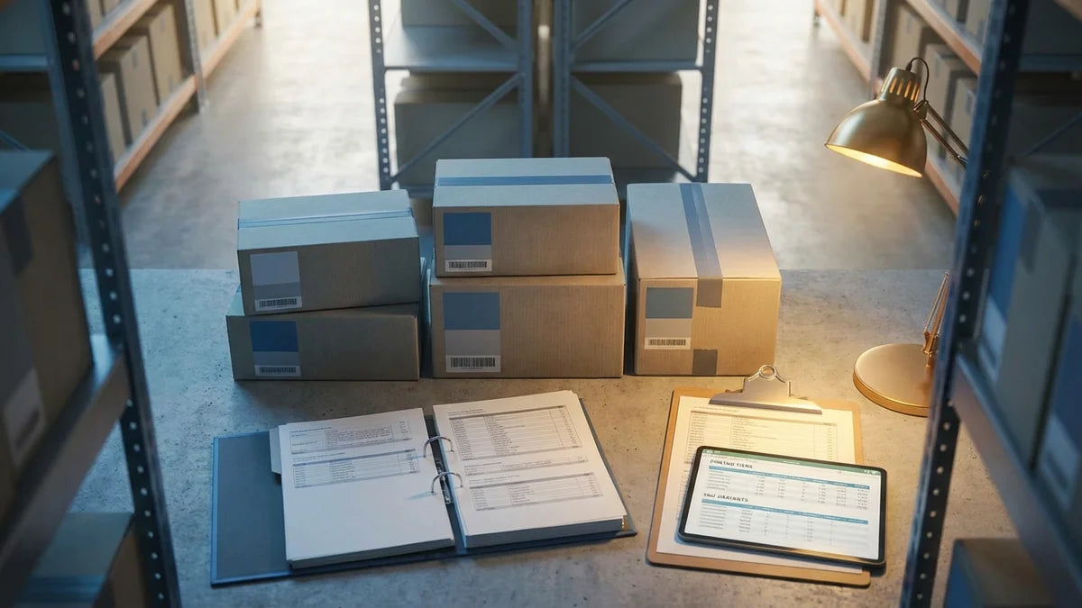 Système de gestion d'inventaire B2B Shopify avec boîtes produits, tablette affichant tarifs et SKU en entrepôt