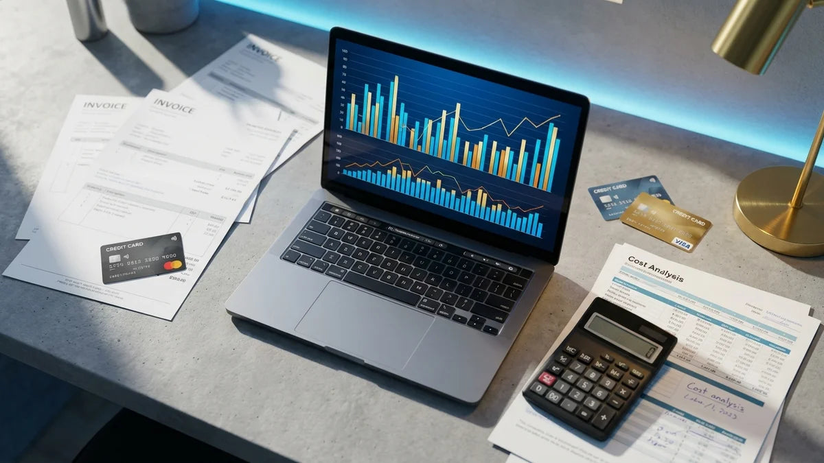 Ordinateur portable affichant graphiques financiers et calculatrice pour analyser les prix et coûts Shopify