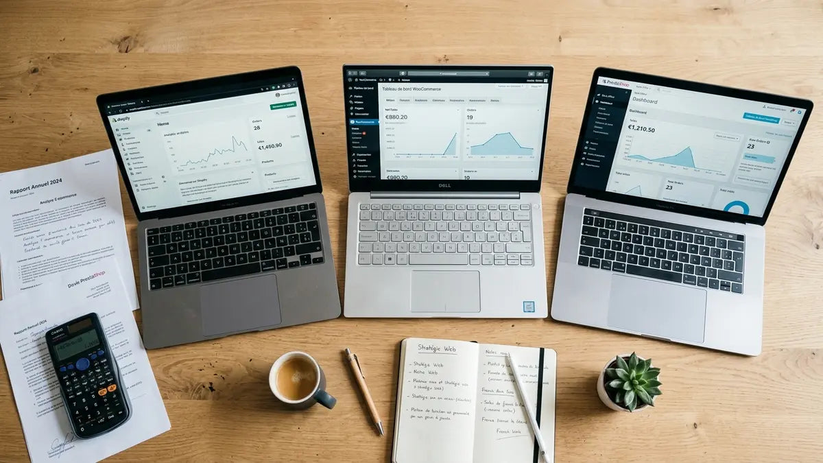 Comparaison Shopify WooCommerce PrestaShop sur écrans d'ordinateur pour PME française