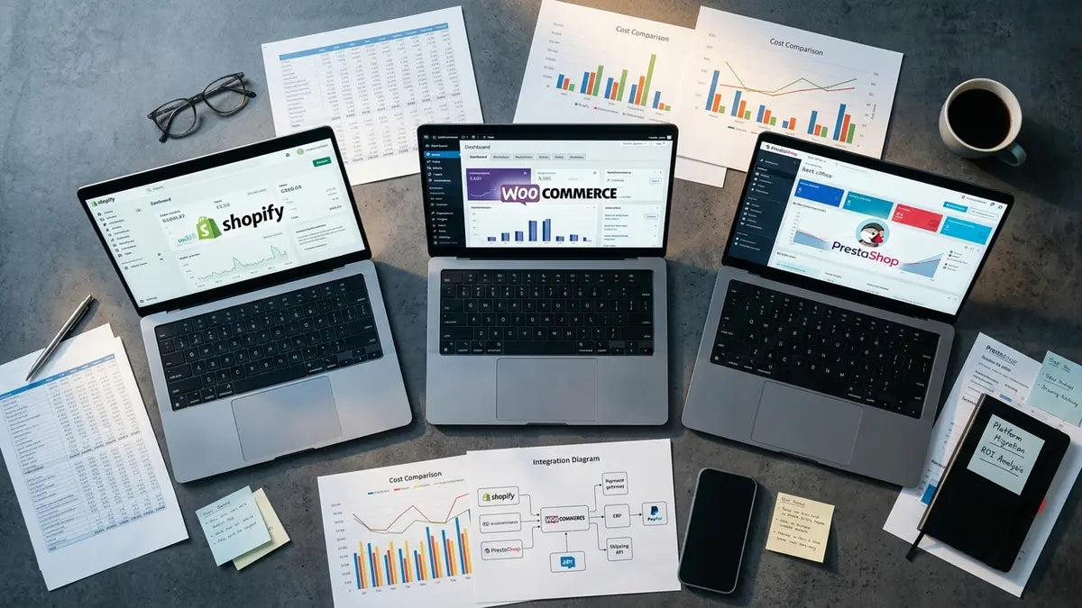 Comparaison des interfaces Shopify, WooCommerce et PrestaShop avec tableaux de coûts et d'intégrations
