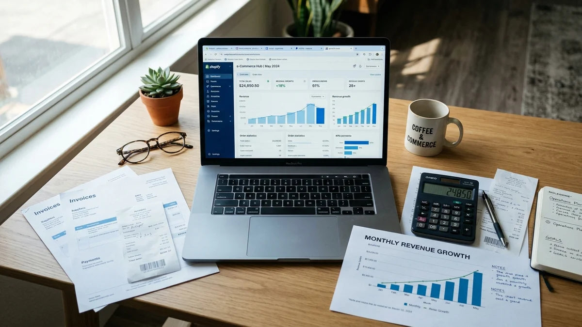 Dashboard e-commerce avec Shopify et WooCommerce sur laptop, factures et graphiques de croissance