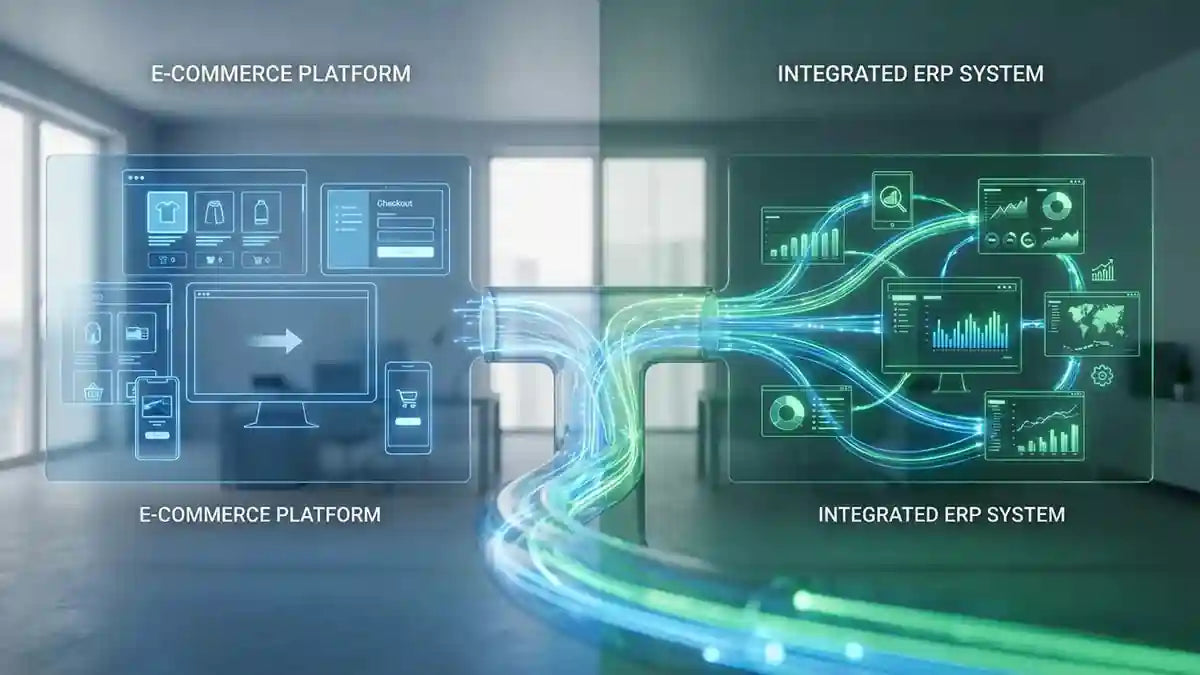 Intégration e-commerce et ERP : visualisation de deux systèmes connectés avec flux de données unifiés