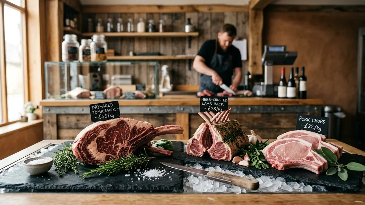 Viandes premium de boucherie artisanale disposées sur ardoise - vente en ligne e-commerce
