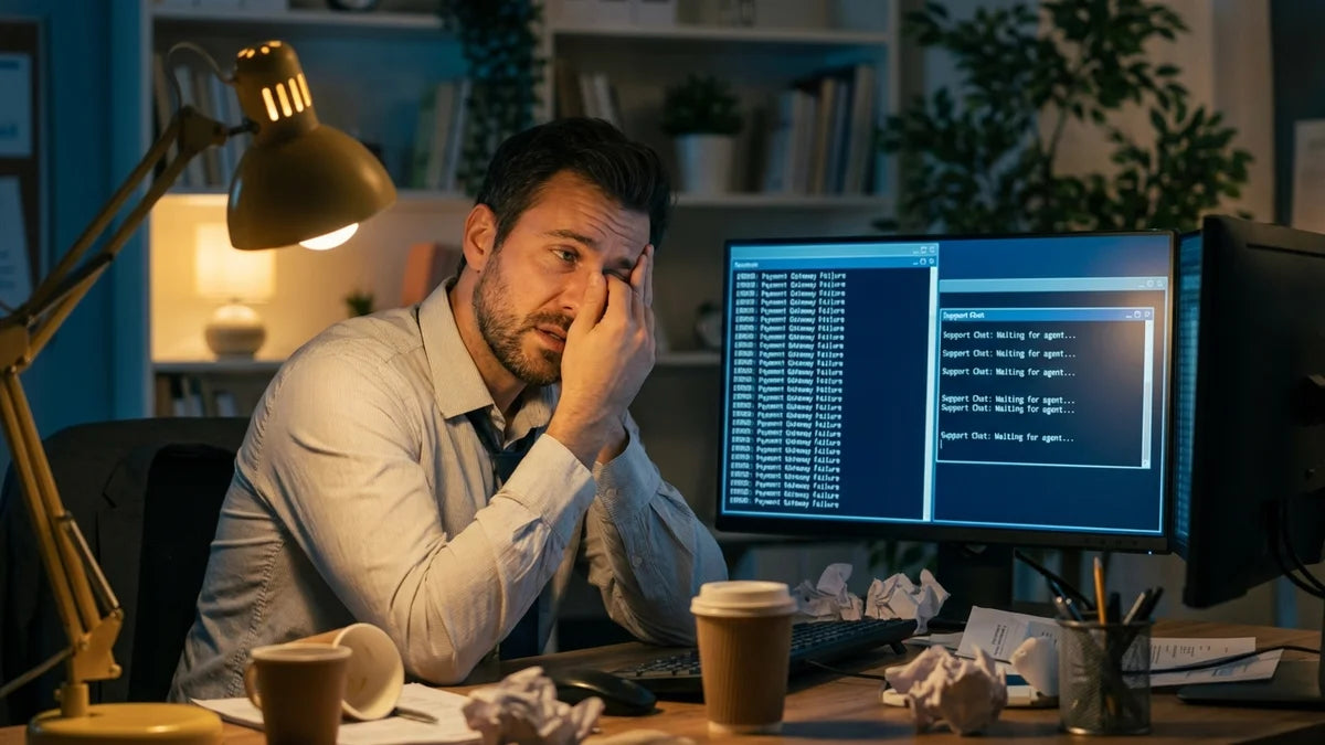 Entrepreneur e-commerce frustré face aux limites du support Shopify natif, cherchant des solutions alternatives