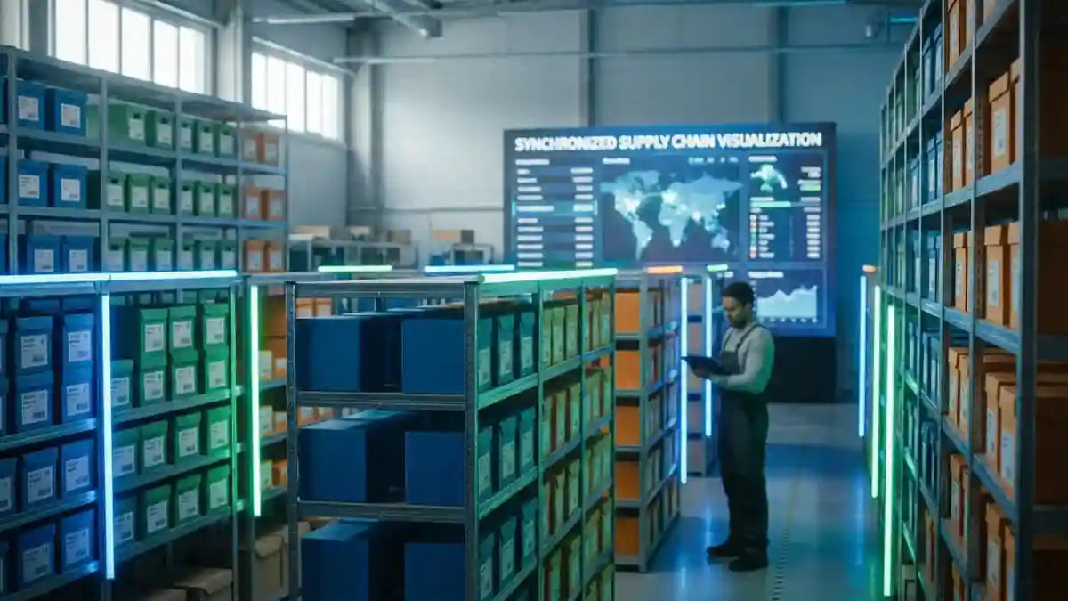 Étagères d'entrepôt organisées avec boîtes codées par couleur et interface de gestion des stocks synchronisée