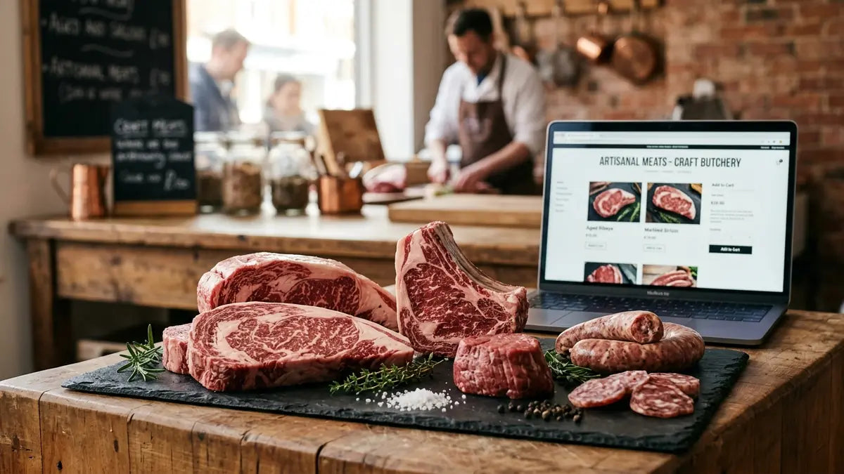 Boucherie artisanale : viandes premium affichées avec interface e-commerce en arrière-plan pour vente en ligne