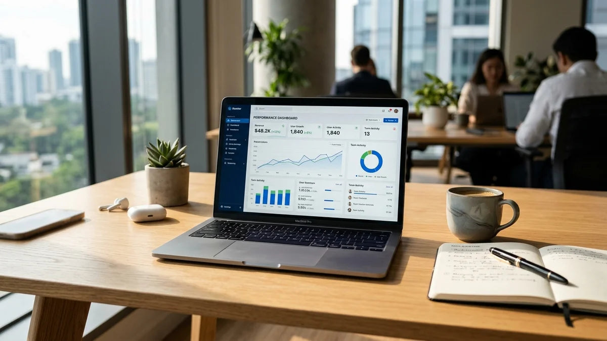 Dashboard Wavesoft ERP sur laptop dans un espace de travail moderne pour TPE PME