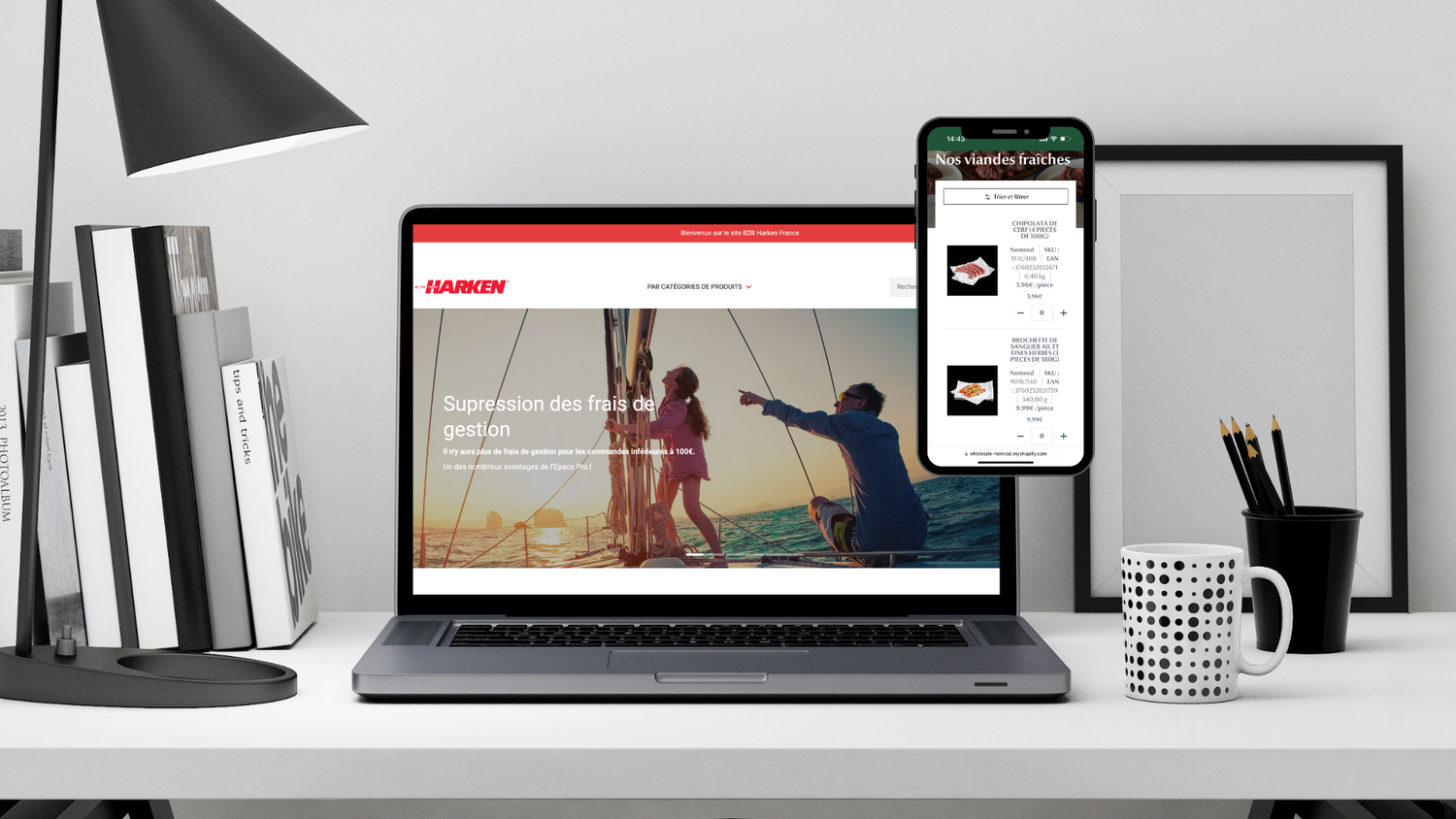 Montage photo montrant la homepage du client Harken sur ordinateur et celle des Garçons Bouchers sur un téléphone