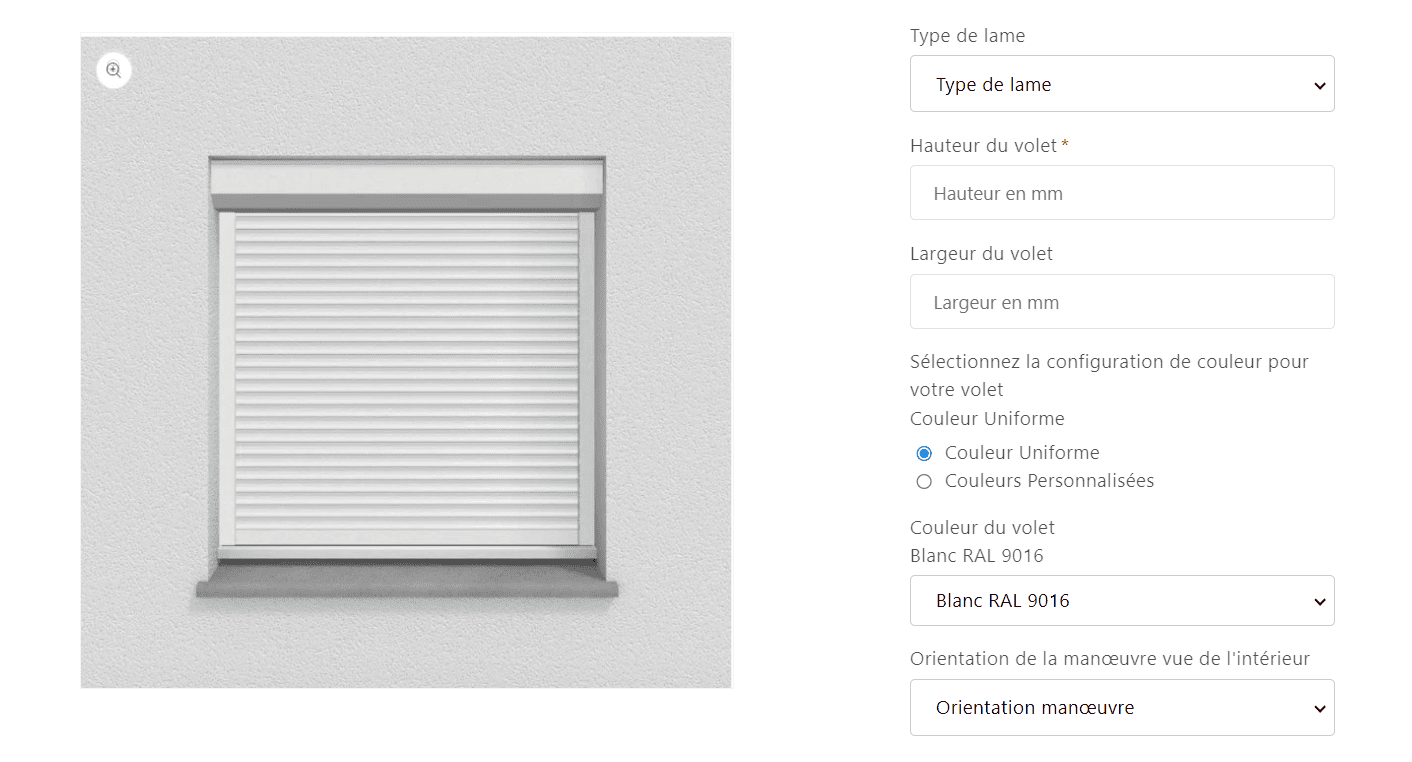 Capture d'écran de la page produit du site Fabrik à Volet