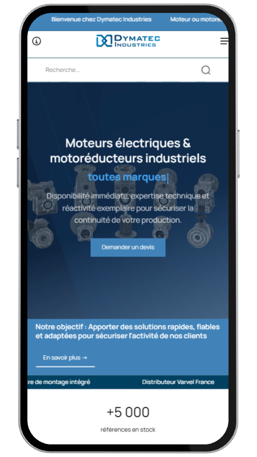 Capture d'écran téléphone du site Dymatec Industries