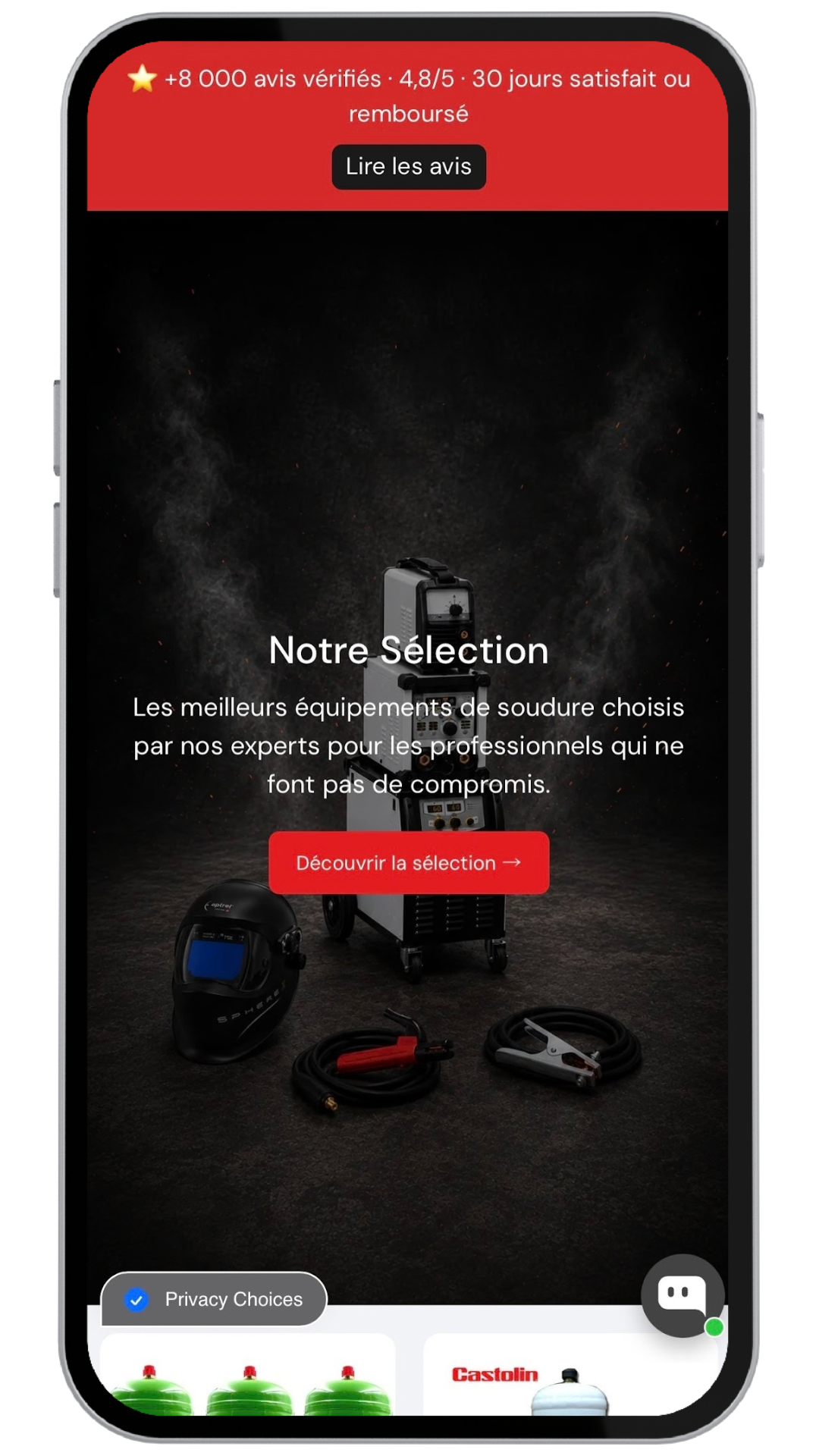 Capture d'écran téléphone du site La boutique du soudeur