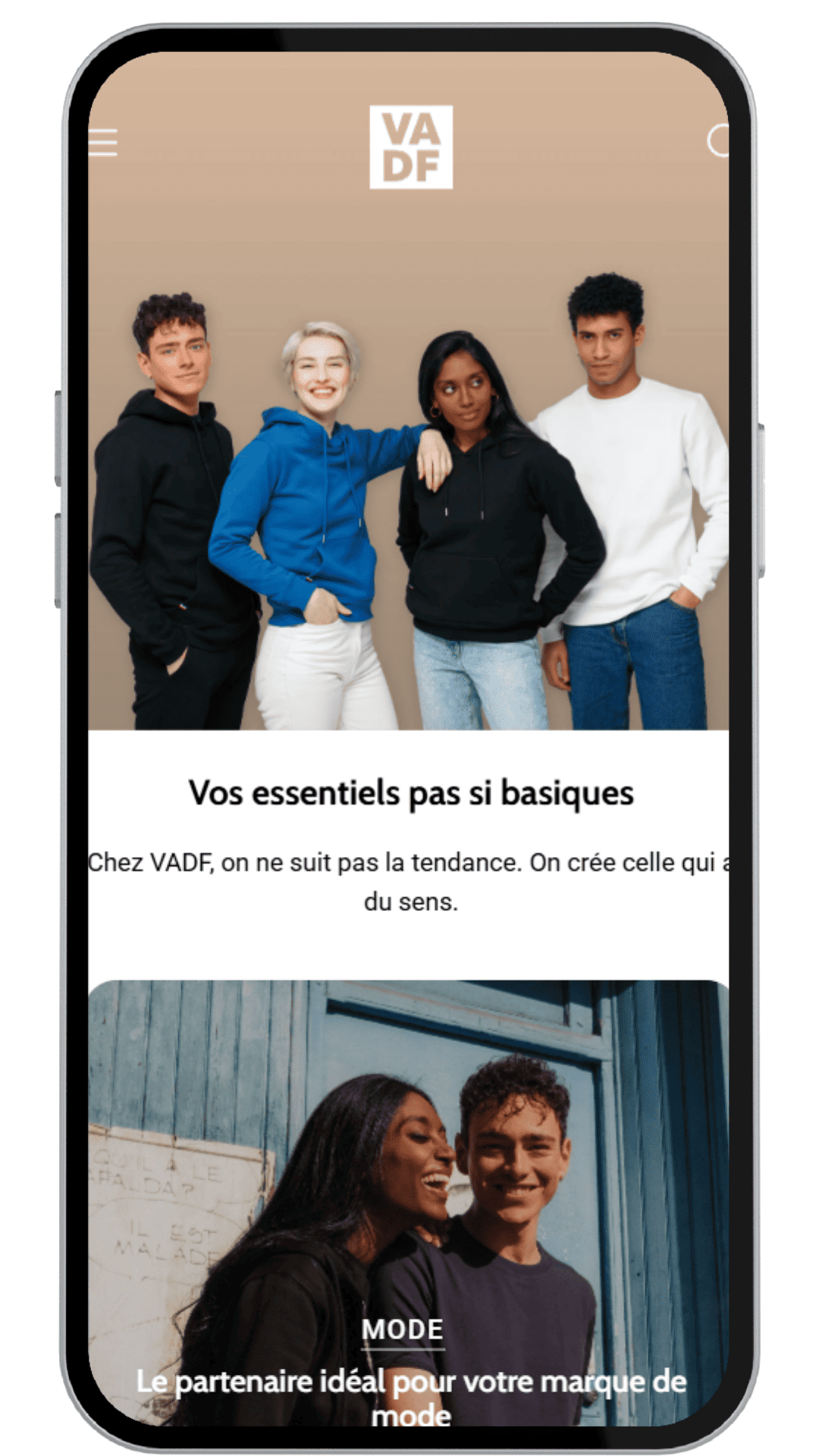 Shopify de notre réalisation VADF en version téléphone
