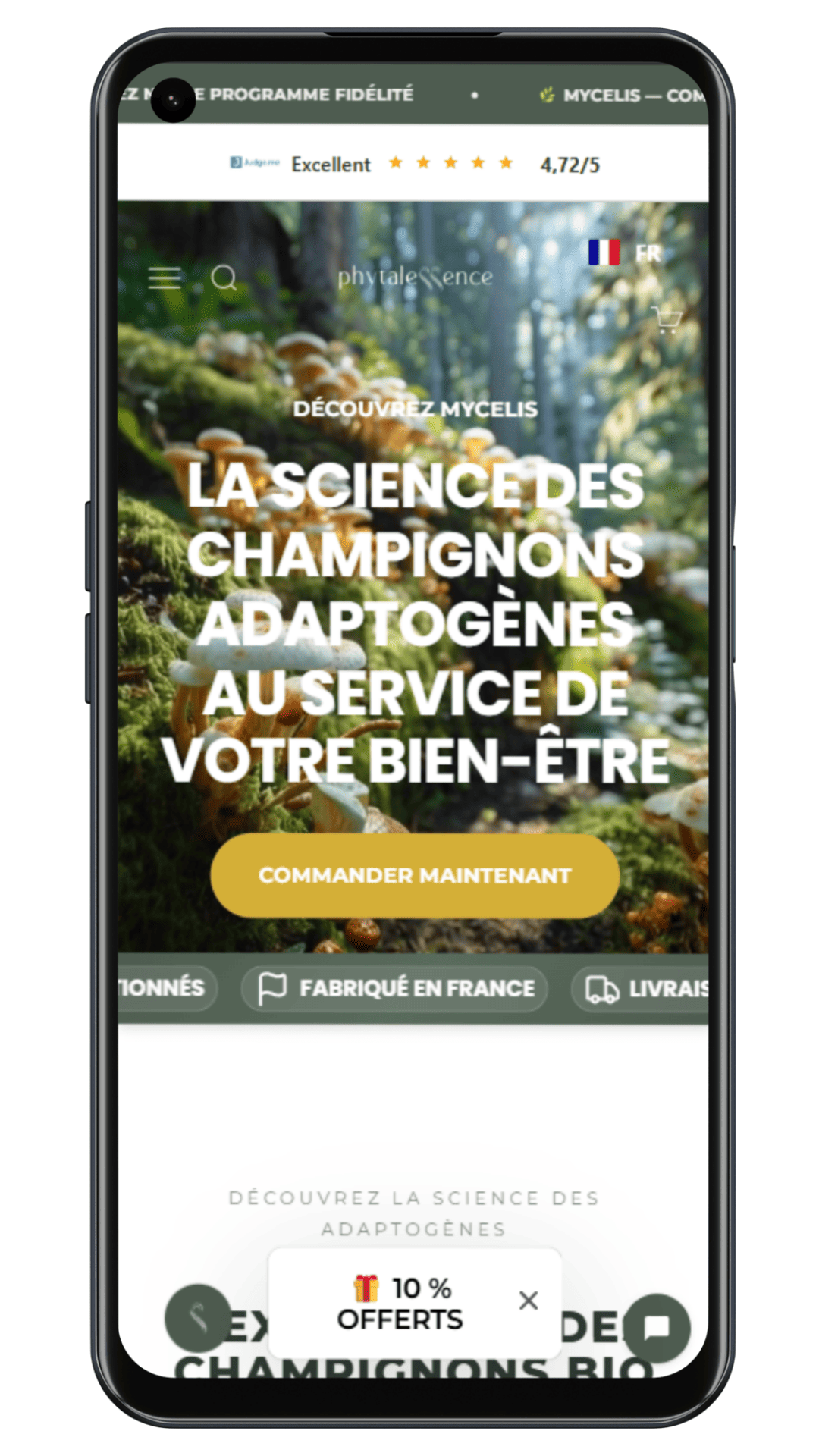 Homepage téléphone du client Phytallescence