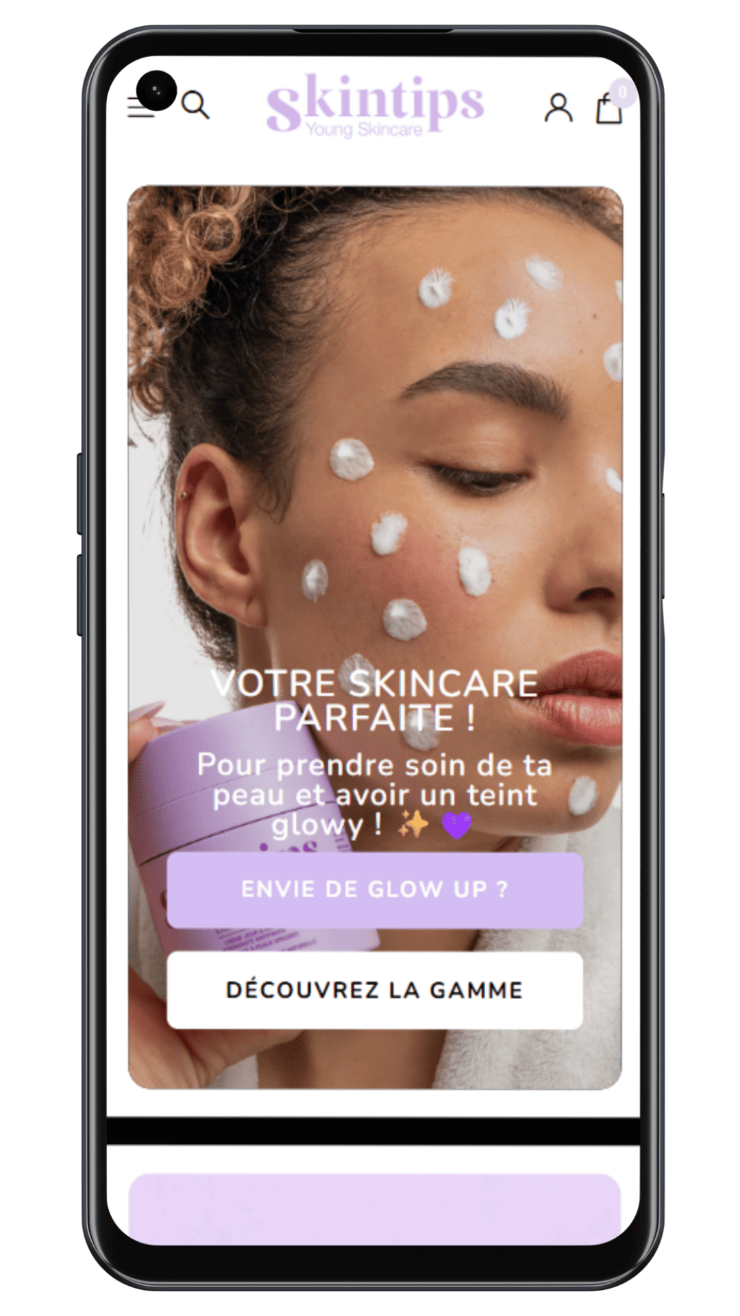 Homepage téléphone du client Skintips