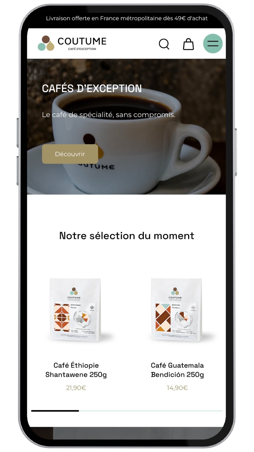 Capture d'ecran telephone du site coutume cafe